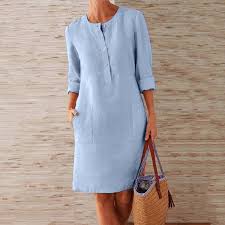 Women's Summer Dress with Sleeves and Pockets, Round Neck Knee-Length Casual  Loose Linen Dress, Light Blue, Size M - Walmart.com