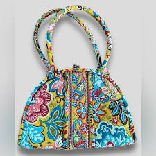 Vera Bradley Bright Bold Floral Paisley Quilted Fabric Shoulder Bag Blue  Yellow