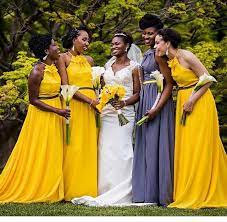 Mustard Yellow And Silver Bridal Party Yellow Grey Weddings Beautiful Bridesmaid Dresses African Wedding Attire