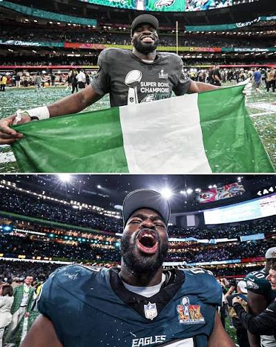 Moro Ojomo was born in Lagos, Nigeria before his family moved to California  in 2009. He brought out his nation's flag after winning the Super Bowl with  the Philadelphia Eagles last night ❤️🇳🇬