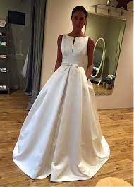 Elegant Satin Bateau Neckline A Line Wedding Dress With Bowknot Pockets Wedding Dress With Pockets Wedding Dresses Satin A Line Wedding Dress