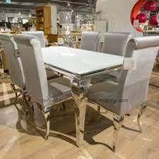 Chromcraft offers dinette sets with laminate table tops and solid wood dining tables. China Modern French Style Dining Room White Mirrored Chrome Silver Louis Glass Dining Table Stainless Steel And Velvet Fabric Dining Chairs China Dining Table Glass Dining Table