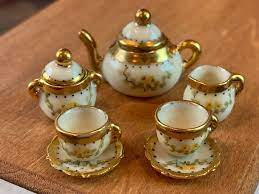 Miniature Dollhouse Artisan Nancy Duden Victorian Porcelain Tea Set Yellow Rose Nancyduden Porcelain Tea Set Miniature Tea Set Tea Set