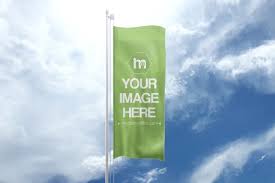 An Online Mockup Template Featuring A Tall Vertical Waving Flag On A Sky Background Upload Your Own Image On The Flag And Blank Banner Mockup Mockup Generator