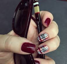 Burgundy Maroon Nails With Burberry Plaid Accent Nails Fun For Fall Maroon Nails Burberry Nails Maroon Nail Designs