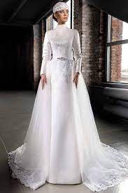 Vintage Satin Hijab Muslim Wedding Dresses Luxury Beaded Lace High Neck Detachable Train Long Sle Muslim Wedding Dresses Bridal Ball Gown Wedding Dress Sleeves