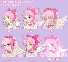 The above image shows two characters, one done in the anime style and the other in an american comic book style. Cherrycheezy Anime Styles By Decade Drawing Meme Challenge Inspired By Relseiy On Ig Insert Disclaimer About Ac Drawing Meme Kawaii Drawings Anime Style