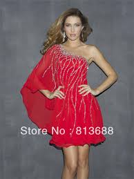 Free Shipping 1 Piece Lot Gorgeous One Shoulder Red Chiffon Party Cocktail Dresses Short Beads A Fancy Dresses Party Red Cocktail Dress One Shoulder Prom Dress