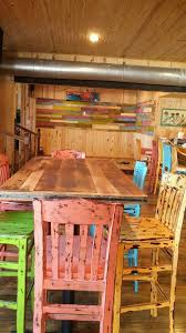 Froggie S Cantina Featuring Urban Distressed Table Tops And Colorful Chairs Makes For A Fun Atmosphere Distressed Table Distressed Table Top Colorful Chairs