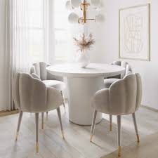 Powder blue velvet tufted head chairs and light gray french dining chairs sit around a french trestle dining table, lit by a darlana linear lantern hung from a coffered ceiling. Dining Chairs Tov Furniture