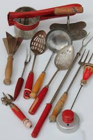 Kitchen gadgets and specialized cooking tools help you get meals on the table fast or create that fancy dish you've been anxious to attempt. Vintage Kitchen Utensils W Red Handles Red Painted Wood Handled Spoons Toast Forks Chopper Tool