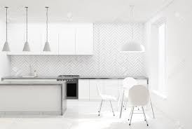 Cosa sono i soffitti a cassettoni,. Immagini Stock Interiore Della Cucina In Legno Bianco Con Un Pavimento Di Cemento Controsoffitti Bianchi E Un Tavolo Rotondo Con Sedie 3d Rendering Mock Up Image 93295461