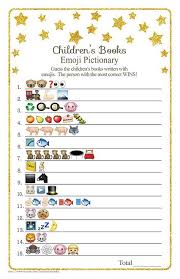 Children S Books Emoji Pictionary Game With Whimsical Gold Stars Answers Included Instant Download Diy Printable 85ba In 2020 Storybook Baby Shower Baby Shower Book Baby Shower Fun