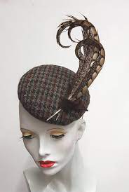 Harris Tweed Pheasant Feather Country Hat Button Hat Country House Style Winter Wedding Elastic Fixing Suitable Races Country Hats Beautiful Hats Fascinator Hats