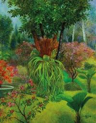 Lukisan yang satu ini tak kalah indah yaitu gambaran suasana kebun bunga lavender yang membentuk sebuah pola karena tertata rapi dengan warna biru langit yang sedap dipandan mata. Rustamadji Taman Bunga 1980 Mutualart