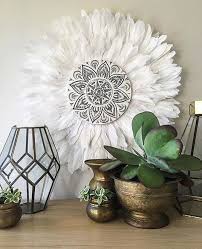 Tribal Mandala White And Grey Double Layer Feathers Round Wall Art Boho Design Timber Porthole Round Wall Art Diy Wall Art Decor