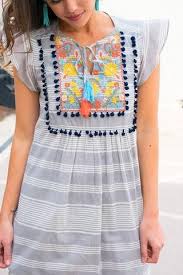 Grey White Stripe Embroidered Pom Pom Dress Thml Clothing Thml Clothing Pom Pom Dress Thml