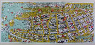 Cute Sydney Map 1950ies I Like This Map For The Big Sweating Sun Wearing A Straw Hat For King Neptune Striding Out From Be Sydney Map Map Modern Pictures