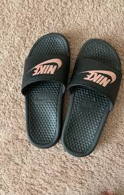Black And Gold Nike Slides Nike Slides Black And Rose Gold Box Included If Interested Nike Slides Nike Sandals Nike
