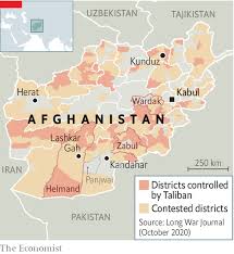 This map serves to illustrate approximate taliban control or contested districts in afghanistan. As America Pulls Out Of Afghanistan The Taliban Fight On The Economist