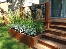 Ipe Deck And Staircase Custom Raised Planter Box In Corten Deck Planter Boxes Contemporary Backyard Planter Boxes