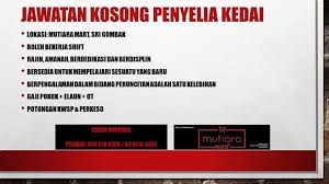 Sekiranya anda berminat untuk mengetahui lebih lanjut mengenai info jawatan kosong yang ditawarkan oleh majlis perbandaran selayang (mps) ini, sila klik pautan yang disediakan di bawah. Sebar Kerja Jawatan Kosong Di Mutiara Mart Sri Gombak Facebook