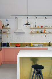 The Kitchen Cabinets Are An Interesting Peach Colour And The Countertops Are Quartz Billie Lond Colorful Kitchen Decor Kitchen Colors Kitchen Colour Schemes