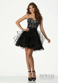 Strapless Cocktail Dress With Sweetheart Beaded Satin Top And Flounced Tulle Skirt Morilee Black Homecoming Dress Strapless Cocktail Dresses Cocktail Dress