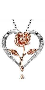 Amazon Com Klurent Necklaces Heart Rose Flower Pendant Necklace 14k White Gold And Rose Gold 5a Cubic Zir Silver Heart Pendant Gift Necklace Womens Necklaces