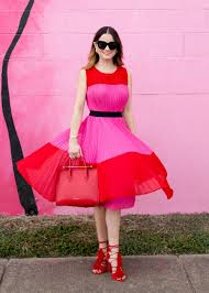 Jennifer Lake Style Charade In An Asos Red And Pink Pleated Color Block Dress Red Strathberry Bag In 2020 Elegant Dresses Classy Pink And Red Dress Colorblock Dress