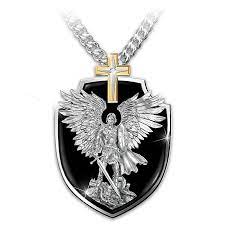 Strength In The Lord Men S Shield Diamond Pendant Necklace St Michael Necklace Shield Pendant Stainless Steel Pendant