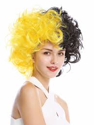 Black and white image of colored pencils with isolated yellow. Wig Me Up 91344 P103 Pc2b Lady Man Party Wig Halloween Wasp Bee Bubmblebee Curly Unruly Mass Of Hair Curled Half Black Half Yellow