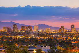Phoenix midtown skyline, park, and lake photo. Phoenix Skyline At Sunset Dan Sorensen