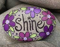 Happy Rock Shine Hand Painted Beach River Rock Stone Violet Lavender Mulberry Purple Flowers Happy Rock Rock Painting Designs Rock Crafts