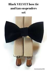 Black Bow Tie And Suspenders Set Velvet Black Bow Tie And Suspenders Beige Wedding Outfit Ring Black Velvet Bow Velvet Bow Tie Beige Wedding