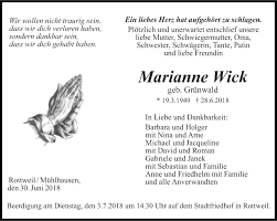 Roman wick (born december 30, 1985) is a swiss professional ice hockey player who currently plays for the zsc lions of the national league (nl). Traueranzeigen Von Marianne Wick Trauer In Thueringen De