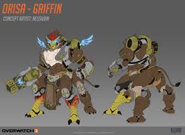 nesskain, orisa (overwatch), overwatch, overwatch 2, commentary, english  commentary, highres, 1girl, 2023, artist name, bird legs, bird wings,  character name, clenched hand, copyright name, grey background, griffin,  logo, official alternate costume, omnic,