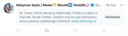 12 nisan 2020 / i̇çişleri bakanı süleyman soylu, twitter'dan yaptığı açıklamayla görevinden istifa ettiğini açıkladı. Twitter Dan Soylu Nun Paylasimina Kural Ihlali Uyarisi Diken