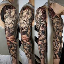 Black And Grey Surrealistic Full Sleeve Tattoo Of Greek Gods London Uk Bestblackandgreytattoos Bestf Sleeve Tattoos Realistic Tattoo Sleeve Black Tattoos