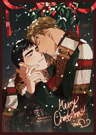 korean commentary, 2boys, black hair, black jacket, blonde hair, closed  eyes, ed talbot, glenn mcqueen, green jacket, head grab, jacket, jaxx s2,  merry christmas, mistletoe, multiple boys, open mouth, scarf, signature,  smile,