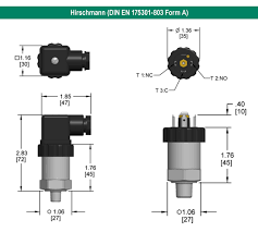 Part Number 300H-3-2-145/1750-8, 1 Single Pole Double Throw (SPDT), National Pipe Thread (NPT) Male Connection, 145 to 1,750 psig Adjustment, DIN EN 175301-803 Form A Electrical Connection Mechanical Pressure Switch On NOSHOK, Inc.