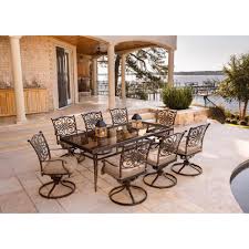 Hanover Traditions 9 Piece Aluminum Outdoor Dining Set With Rectangular Glass Table And Swivel Chairs With Natural Oat Cushions Traddn9pcswg The Home Depot In 2020 Outdoor Dining Set Glass Top Dining Table