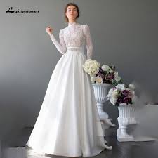 Wedding dresses & special occasion dresses. Lakshmigown Satin Wedding Dresses 2021 High Neck Lace Long Sleeve A Line Wedding Gown Boho Bride Dress Vestidos De Novia Flash Sale 35eb04 Cicig