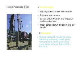 Pemakaian pondasi tiang pancang beton mempunyai keuntungan dan kerugian antara lain adalah sebagai berikut: Pipa Pancang Baja Sebagai Pondasi Yang Kokoh Di Kawasan Berair Isi Bangunan