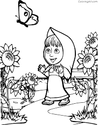 Every child who likes the cartoon masha and the bear dreams of getting in touch with their favorite characters. Masha And A Butterfly Among The Sunflowers Coloring Page Coloringall