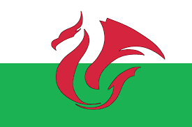 Flag of a constituent unit of the united kingdom, flown subordinate to the union jack, that has horizontal stripes of white and green bearing a large red dragon. My Redesign Of The Welsh Flag Using The Dragon From A Nearby Welcome To Wales Sign Vexillology