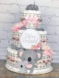 Koala Bear Diaper Cake Tropical Jungle Animals Pink Gray Grey Etsy In 2021 Green Baby Shower Baby Shower Gifts To Make Baby Girl Shower Themes