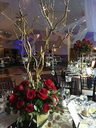 Gold Manzanita Tree With Hanging Crystals Gorgeous Red Roses And Gold Seeds Contact Red Roses Centerpieces Tree With Red Flowers Manzanita Tree Centerpieces