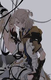 1boy 1boy1girl 1girls albedo (genshin impact) arms above head  arms tied arms up blonde hair bondage breasts pressed against partner  face-to-face female femsub genshin impact gloves hands tied lumine (