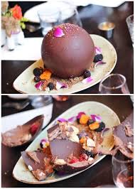 I Ate Chocolate Sphere Dessert With Chocolate Mousse Fruit And Meringue Pieces Inside Food Recipes Desserts Food Baking